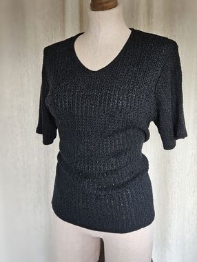 Black Heavy Knit Silk Blend V-Neck Short Sleeve T-shirt Sweater Petite Medium